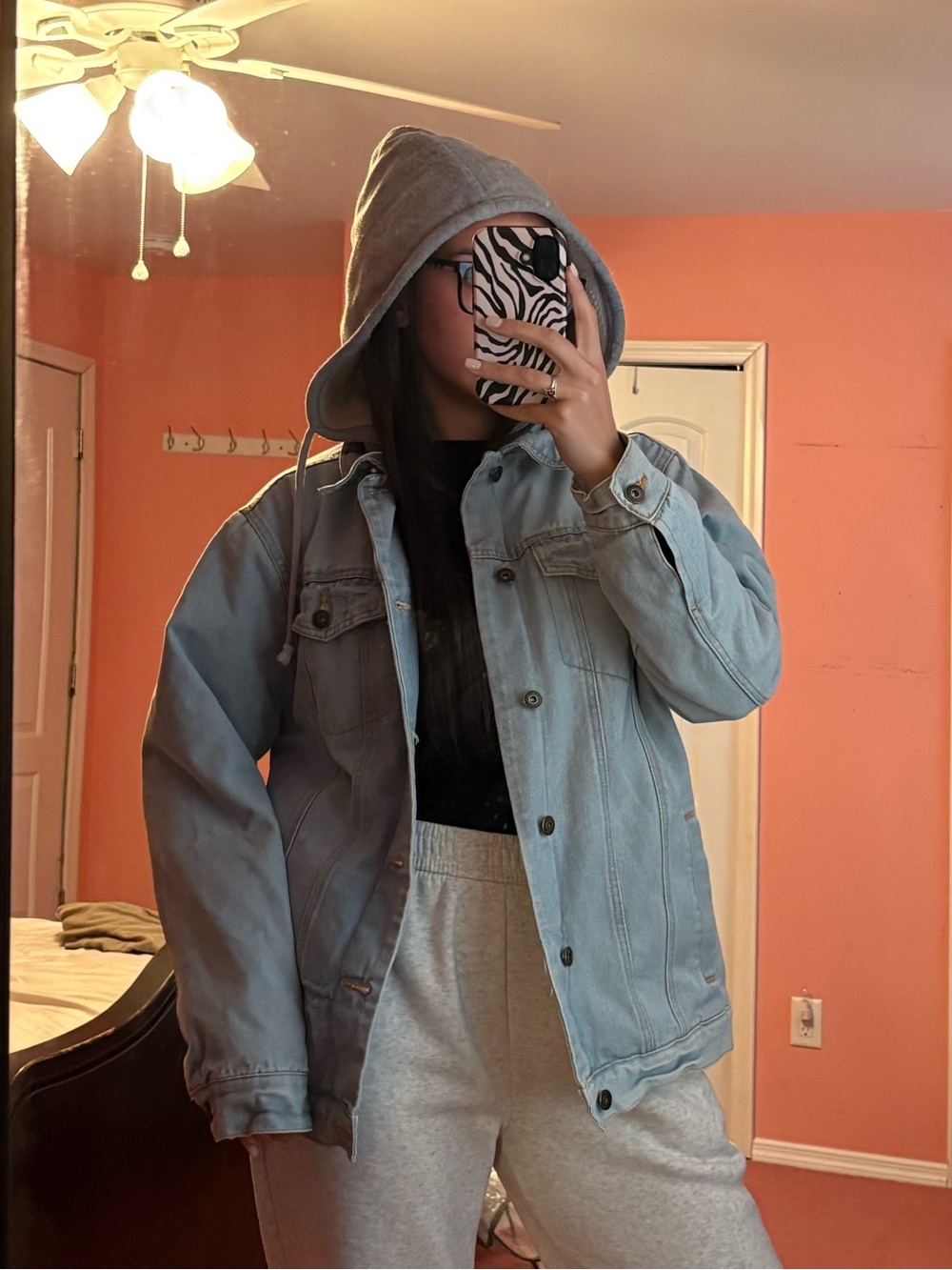 Light Wash Denim Jacket with Hood - Light Blue